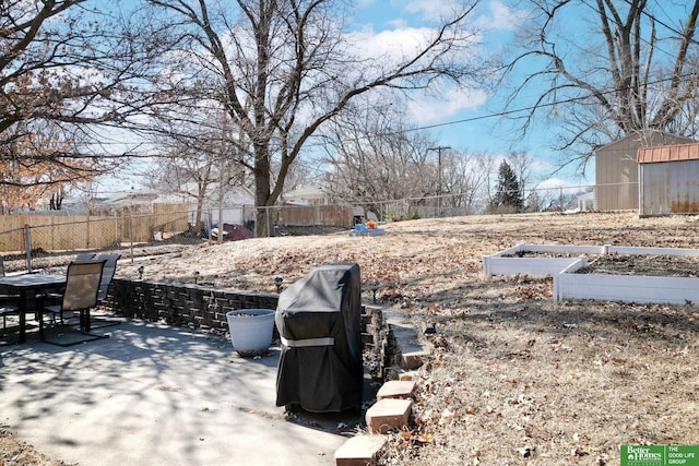 view of yard with a storage unit, a patio, an outbuilding, and a fenced backyard