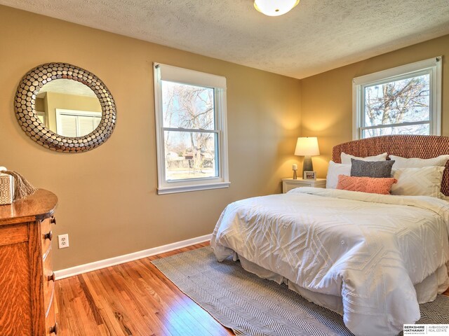 bedroom featuring multiple windows, wood finished floors, baseboards, and a textured ceiling