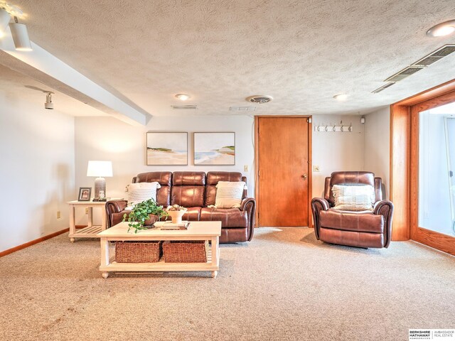 living room with visible vents, a textured ceiling, baseboards, and carpet