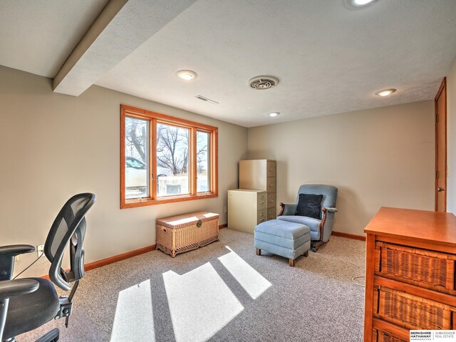 office space with visible vents, baseboards, and light carpet