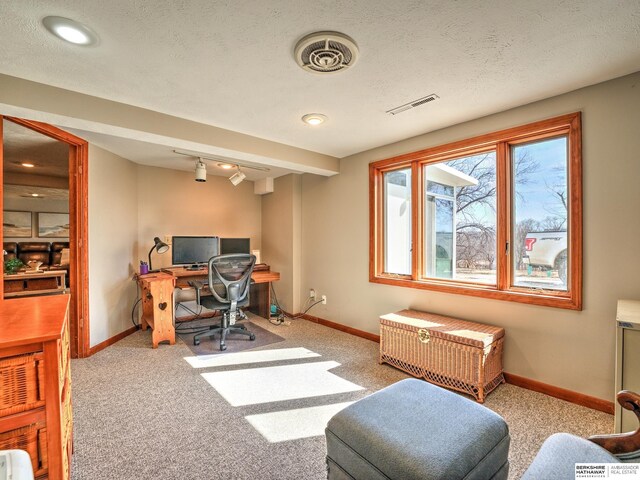 carpeted office with baseboards and visible vents