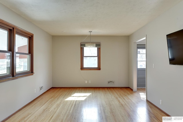 spare room with light wood finished floors, plenty of natural light, a textured ceiling, and baseboards