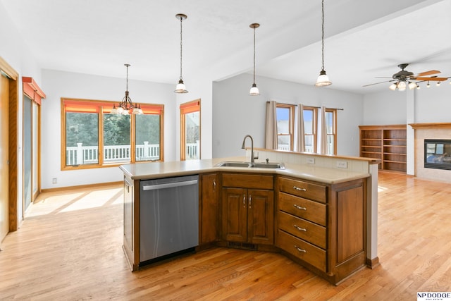 kitchen featuring stainless steel dishwasher, plenty of natural light, light wood finished floors, and a sink