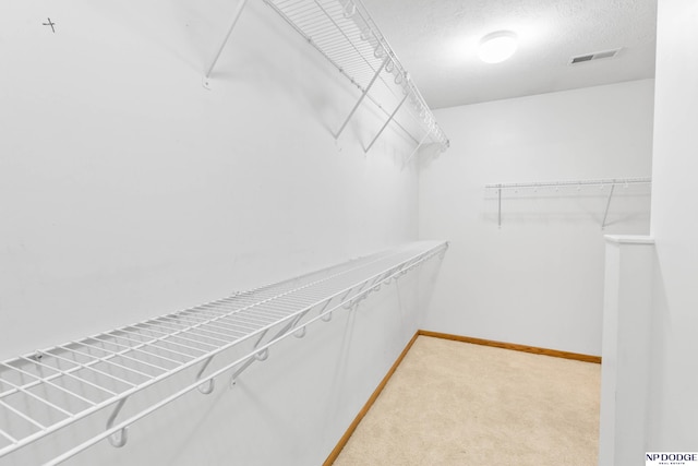 spacious closet with visible vents and light carpet