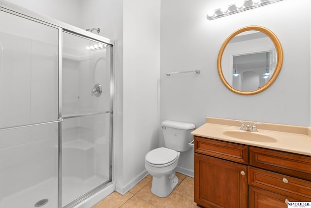 full bath featuring tile patterned floors, toilet, a stall shower, and vanity