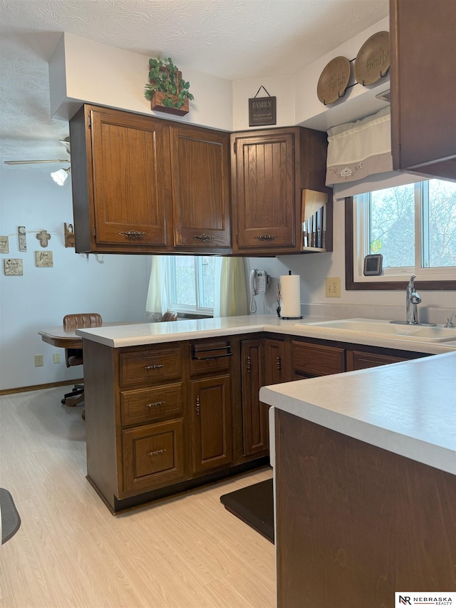 kitchen with a sink, a peninsula, light wood-style flooring, and light countertops