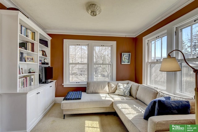 living room featuring light carpet and crown molding