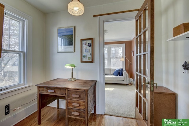 office with french doors, baseboards, and wood finished floors