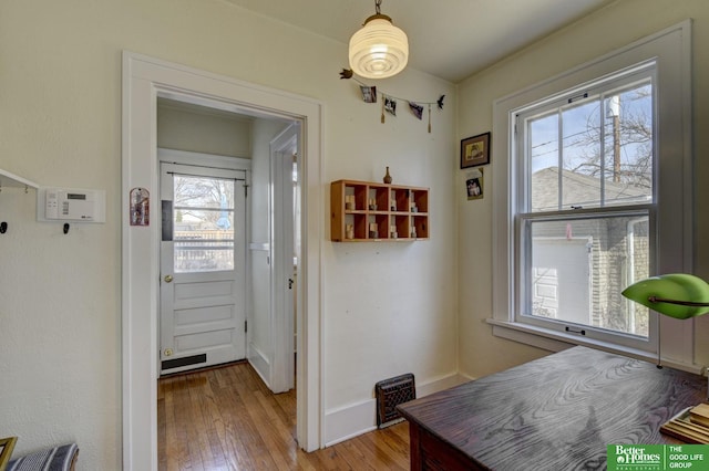 doorway with wood finished floors, a healthy amount of sunlight, and baseboards