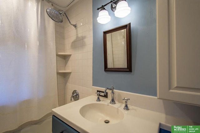 full bath with vanity and shower / bath combination with curtain