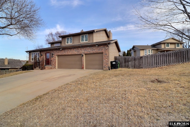 view of front of home featuring driveway, fence, an attached garage, brick siding, and a chimney