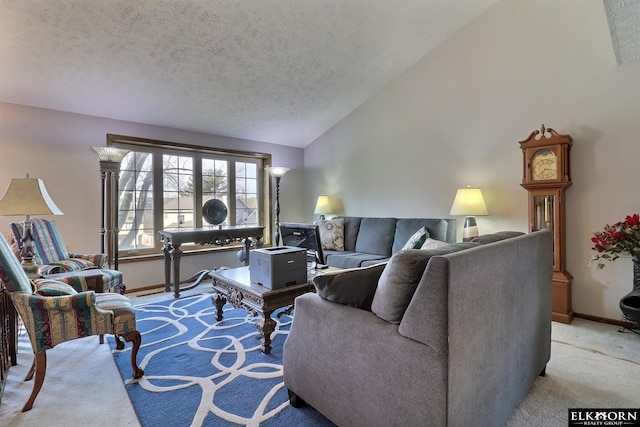 carpeted living room with a textured ceiling, baseboards, and vaulted ceiling