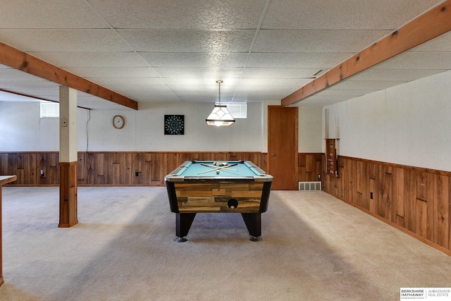 playroom featuring a wainscoted wall, carpet floors, wooden walls, and visible vents