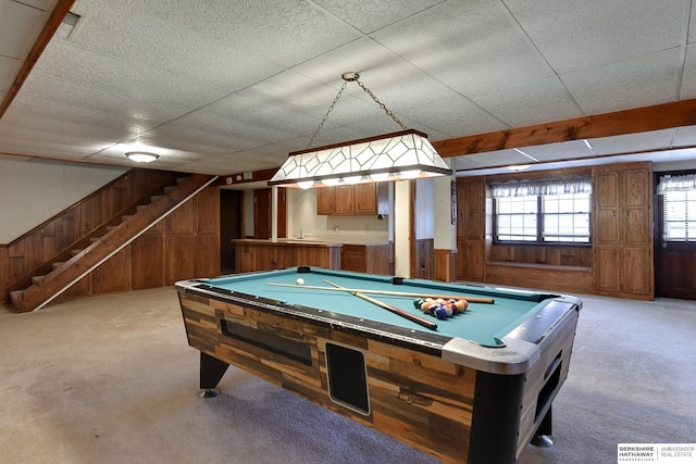 playroom featuring wainscoting, wooden walls, light colored carpet, and pool table