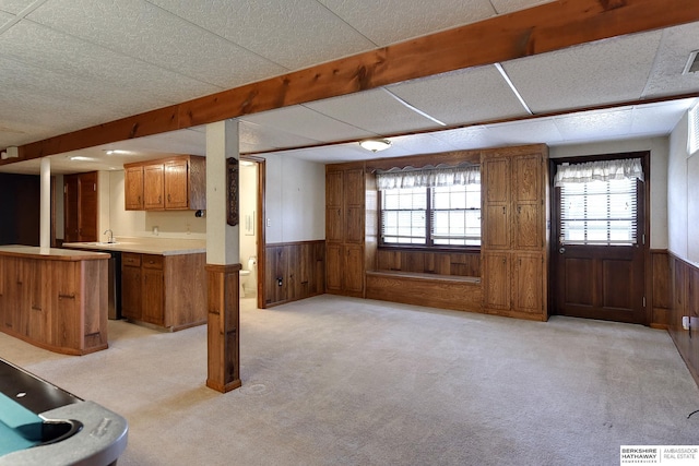 interior space featuring a wealth of natural light, a wainscoted wall, brown cabinets, and wooden walls