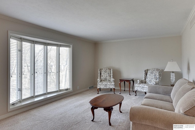 living area featuring baseboards, carpet, visible vents, and ornamental molding