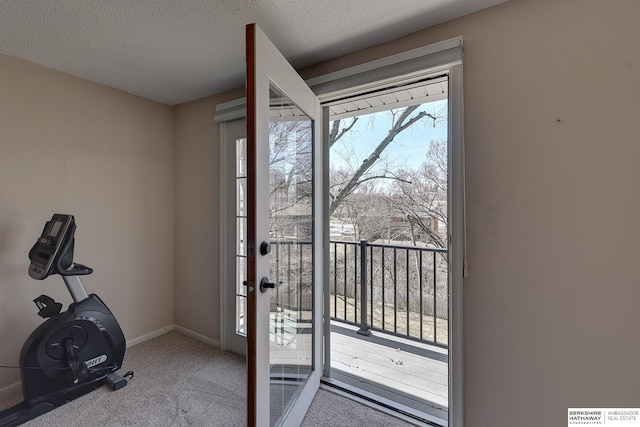 exercise area with baseboards, carpet, and a textured ceiling