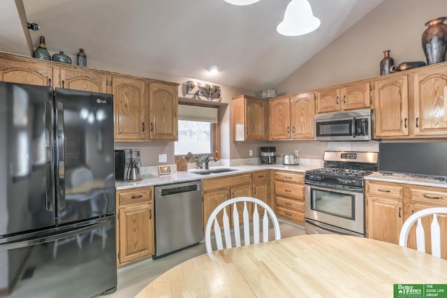 kitchen featuring vaulted ceiling, stainless steel appliances, and a sink