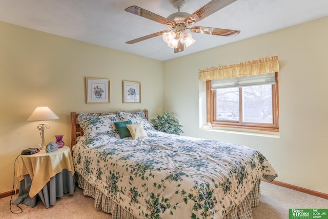 bedroom with baseboards, carpet floors, and ceiling fan