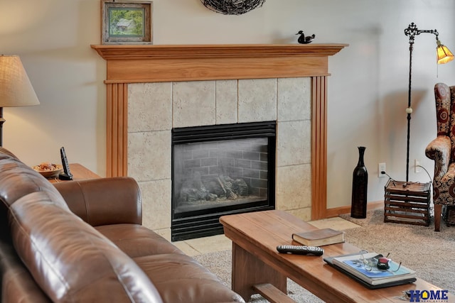 living area featuring a fireplace