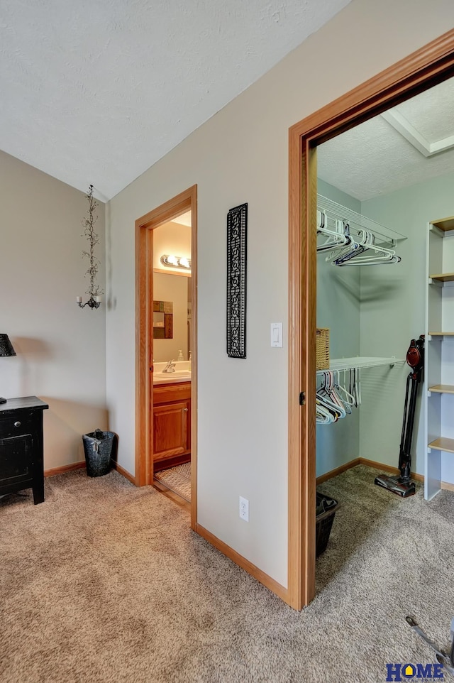 interior space featuring a sink, baseboards, a textured ceiling, and carpet flooring