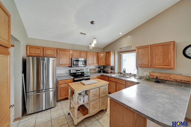 kitchen featuring butcher block countertops, a sink, open shelves, stainless steel appliances, and vaulted ceiling