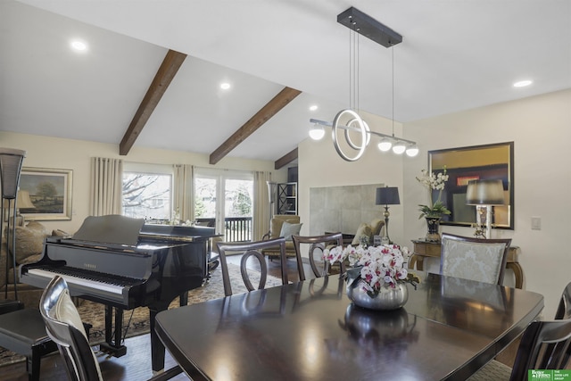 dining space featuring recessed lighting, vaulted ceiling with beams, and wood finished floors