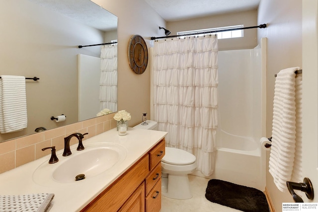 bathroom with tile patterned flooring, backsplash, toilet, shower / bath combo with shower curtain, and vanity