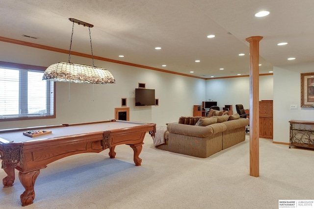 rec room featuring recessed lighting, visible vents, light colored carpet, and ornamental molding