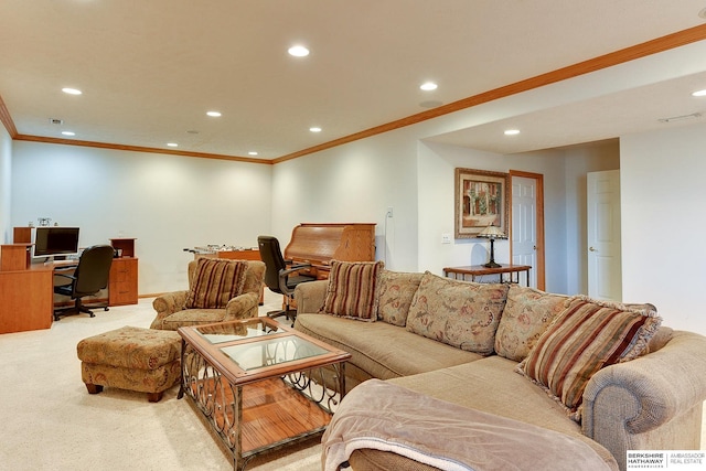 living room featuring recessed lighting, light colored carpet, visible vents, and ornamental molding