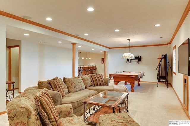 living area with pool table, light colored carpet, baseboards, and ornamental molding