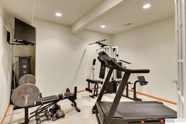 workout room featuring visible vents, recessed lighting, baseboards, and carpet floors