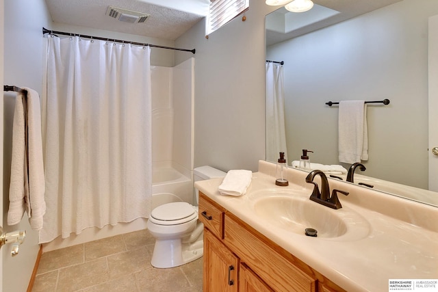 bathroom featuring vanity, visible vents, shower / bath combination with curtain, a textured ceiling, and toilet