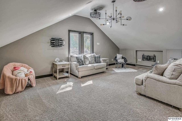 carpeted living area featuring a chandelier, lofted ceiling, and baseboards