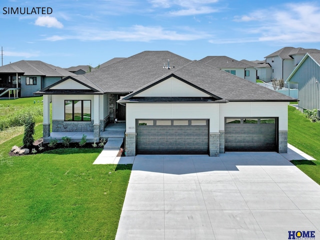 view of front of home with a garage, stone siding, concrete driveway, and a front yard