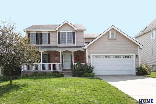 traditional home with brick siding, a front lawn, a porch, a garage, and driveway