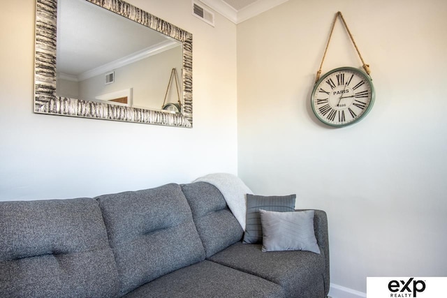 interior space featuring visible vents and ornamental molding