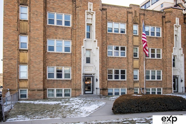 view of snow covered building