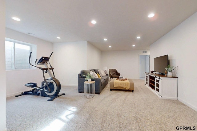 workout room with carpet flooring, recessed lighting, and baseboards