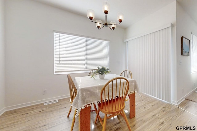 dining space with visible vents, baseboards, and light wood finished floors