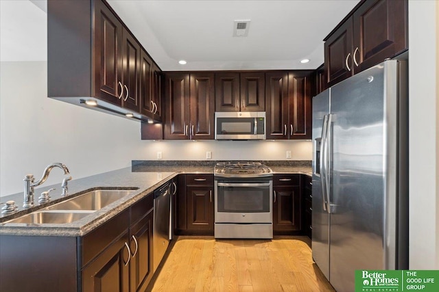 kitchen with visible vents, recessed lighting, a sink, dark brown cabinets, and appliances with stainless steel finishes