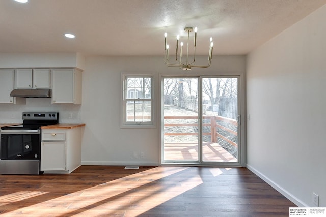 kitchen with under cabinet range hood, electric range, a notable chandelier, and dark wood-style floors