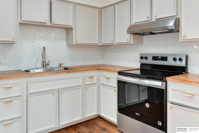 kitchen featuring tasteful backsplash, wooden counters, under cabinet range hood, electric range, and a sink