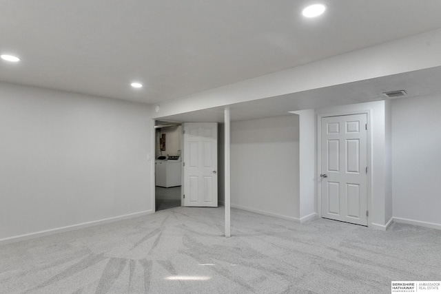 finished below grade area with recessed lighting, baseboards, and carpet flooring