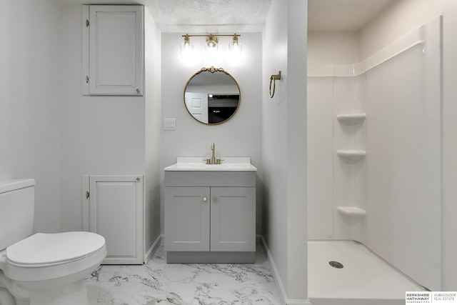 full bathroom with baseboards, a shower, a textured ceiling, toilet, and marble finish floor