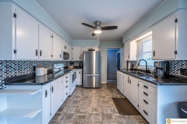 kitchen with white cabinets, white appliances, open shelves, and a sink