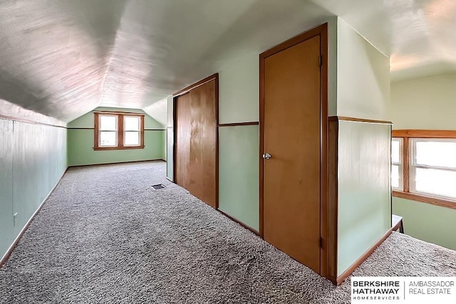 bonus room with lofted ceiling, carpet, and visible vents