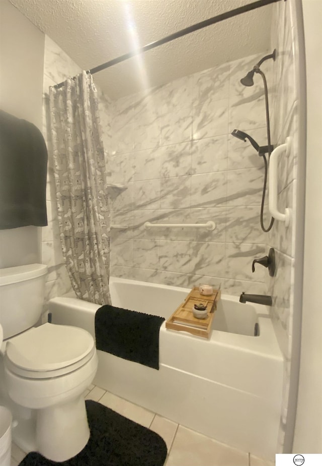 bathroom with tile patterned flooring, toilet, a textured ceiling, and shower / bath combo with shower curtain