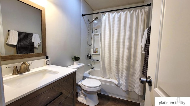 full bath with shower / bathtub combination with curtain, toilet, and vanity