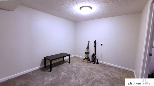 exercise area featuring carpet flooring, a textured ceiling, and baseboards